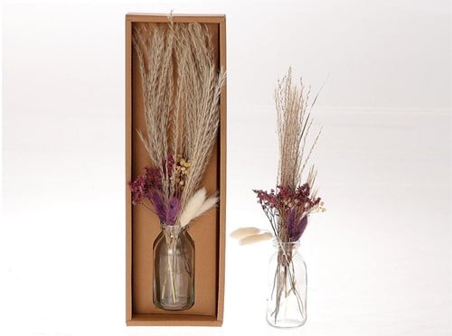 Droogbloemen arrangement in geschenkdoos incl. fles Natural/Milka